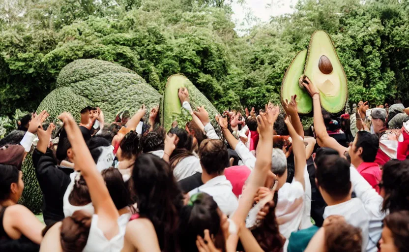 Image similar to a crowd of mexicans dancing around a giant avocado in a wedding,