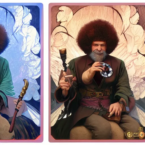 Image similar to an ultra detailed magic the gathering card of bob ross smoking a pipe and dressed as a fantasy bard, d & d, epic fantasy, concept art by alphonse mucha and greg rutkowski, octane render, 8 k, detailed face