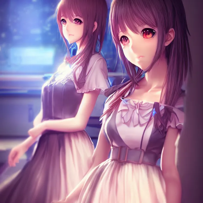 Image similar to a potrait of anime girl, my dress up darling anime, fine details, night setting, realistic shaded lighting poster by artgerm, unreal engine 5, radiant light, detailed and intricate environment