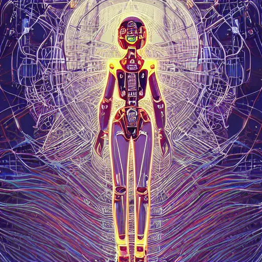 Image similar to a beautiful body of a bot fighter pilot woman mostly made of wires and electronic circuits led luminous, an ultrafine detailed illustration by james jean, final fantasy, intricate linework, bright colors, behance contest winner, vanitas, angular, altermodern, unreal engine 5 highly rendered, global illumination, radiant light, detailed and intricate environment