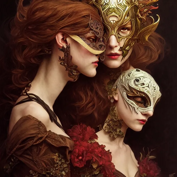 Image similar to Mask under Mask under mask, dramatic lighting, fantasy, intricate, elegant, highly detailed, lifelike, photorealistic, digital painting, artstation, illustration, concept art, smooth, sharp focus, art by John Collier and Albert Aublet and Krenz Cushart and Artem Demura and Alphonse Mucha