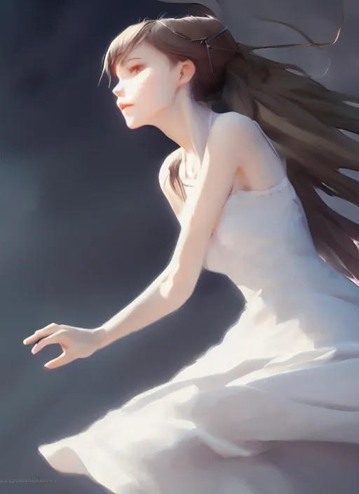 Prompt: a girl with elegant white dress, digital art by krenz cushart, laurie greasly, wlop, artgerm, intricate, ( highly detailed figure ), sharp focus, smooth, epic composition, joyful, unreal engine