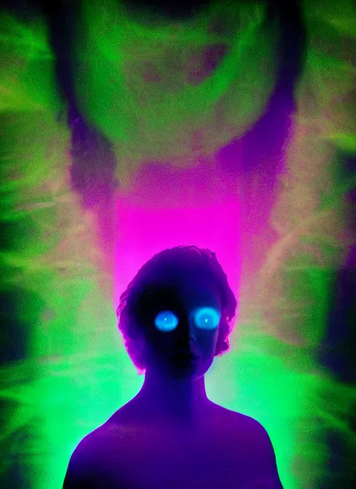 Prompt: a symmetrical female silhouette walking, astral projection, green purple glowing aura, out of body experience, film grain, cinematic lighting, experimental film