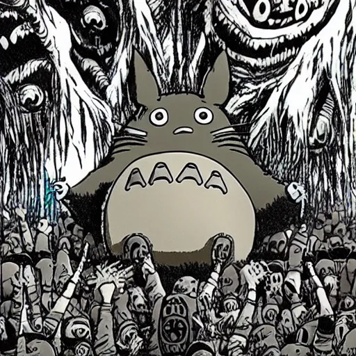 Prompt: totoro in a black metal band in a concert, dressed like band metal kiss, marduk, mayhem, burzum, inmortal, a crowd cheering, a drummer, electric guitar, sparkles all around, fantasy digital art, wow, stunning, ghibli style, hight quality