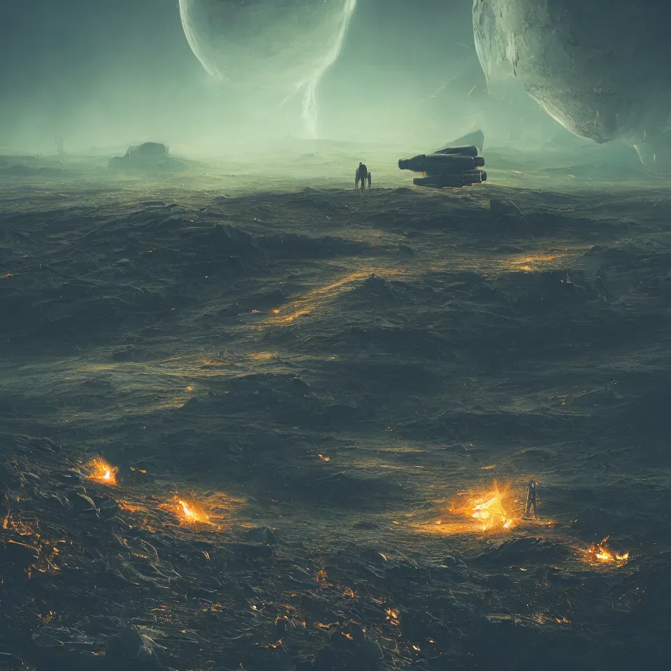 Prompt: beautiful dark landscape, astronaut standing looking, wrecked spacecraft destroyed on fire, award winning artstation, beeple and Mike Winkelmann, intricate, epic lighting, cinematic composition, hyper realistic, 8k resolution