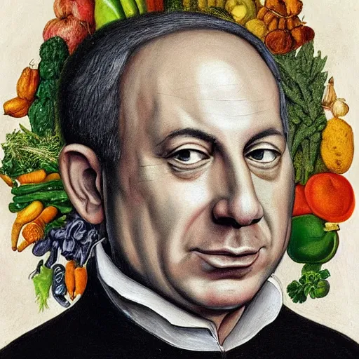 Prompt: portrait of benjamin netanyahu made of vegetables fruits flowers, vanitas, memento mori, by giuseppe arcimboldo