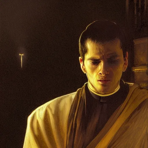 Prompt: Close up of a young, thin and stern catholic priest in his thirties fervently praying as he is about to die from the ominous terrifying Lovecraftian yellow shadow descending upon him from the night sky. he is at the top of a medieval tower. Low angle, dramatic lighting. Art by Greg Rutkowski and Alphonse Mucha