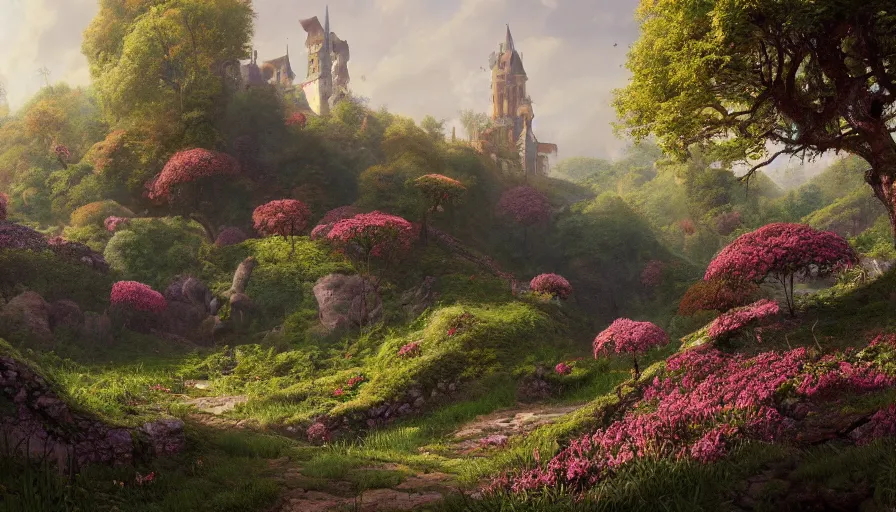 Prompt: landscape painting of a lush flower hill, behind it an old german city, fantasy, intricate, elegant, highly detailed, digital painting, artstation, blender, unreal engine 5, octane render, smooth, sharp focus, illustration, by greg rutkowski