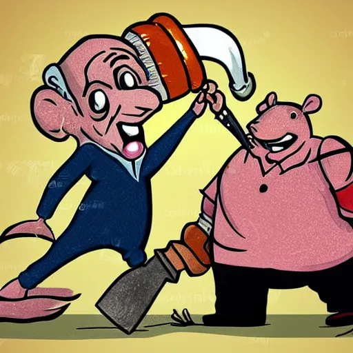 Image similar to rat slamming a hammer on a granny, detailed cartoon illustration