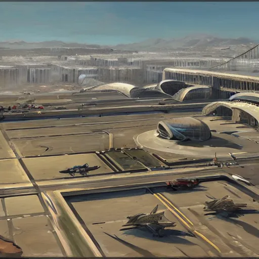 Image similar to concept art, bird's - eye view from san francisco international airport, by james gurney, greg rutkowski, john howe, artstation