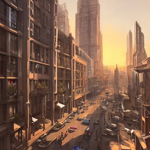 Prompt: a beautifully ultradetailed painting of a city of art deco buildings, early evening, golden hour, artgerm and greg rutkowski, 4 k : 3, : - 1, dof : - 1, blur : - 1, unreal engine, trending on artstation