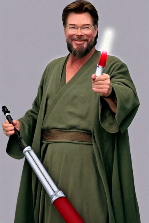 Prompt: photorealistic!! actor jonathan frakes as a jedi knight, olive jedi robe, holding a green lightsaber, film quality