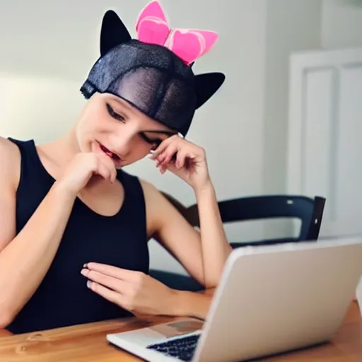 Prompt: cute woman wearing tank top and cat ears plays on computer