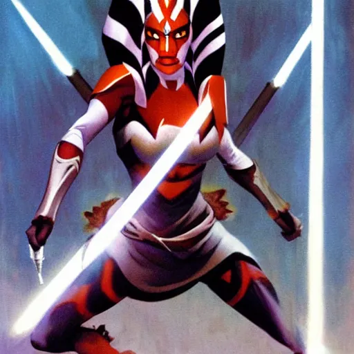 Image similar to Ahsoka with light by frank Frazetta