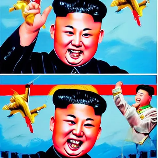 Image similar to kim jong un as k - pop idol dancing on the south korean k - pop stage, painting by john foster