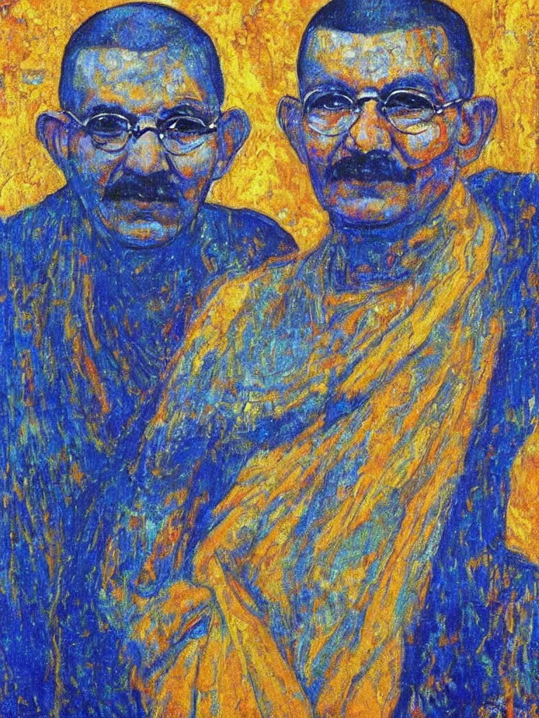Prompt: a beautiful portrait painting of Mohandas Karamchand Gandhi! in front of the whole world united in the art style of Gustav Klimt, impasto oil painting, blue and golden color scheme