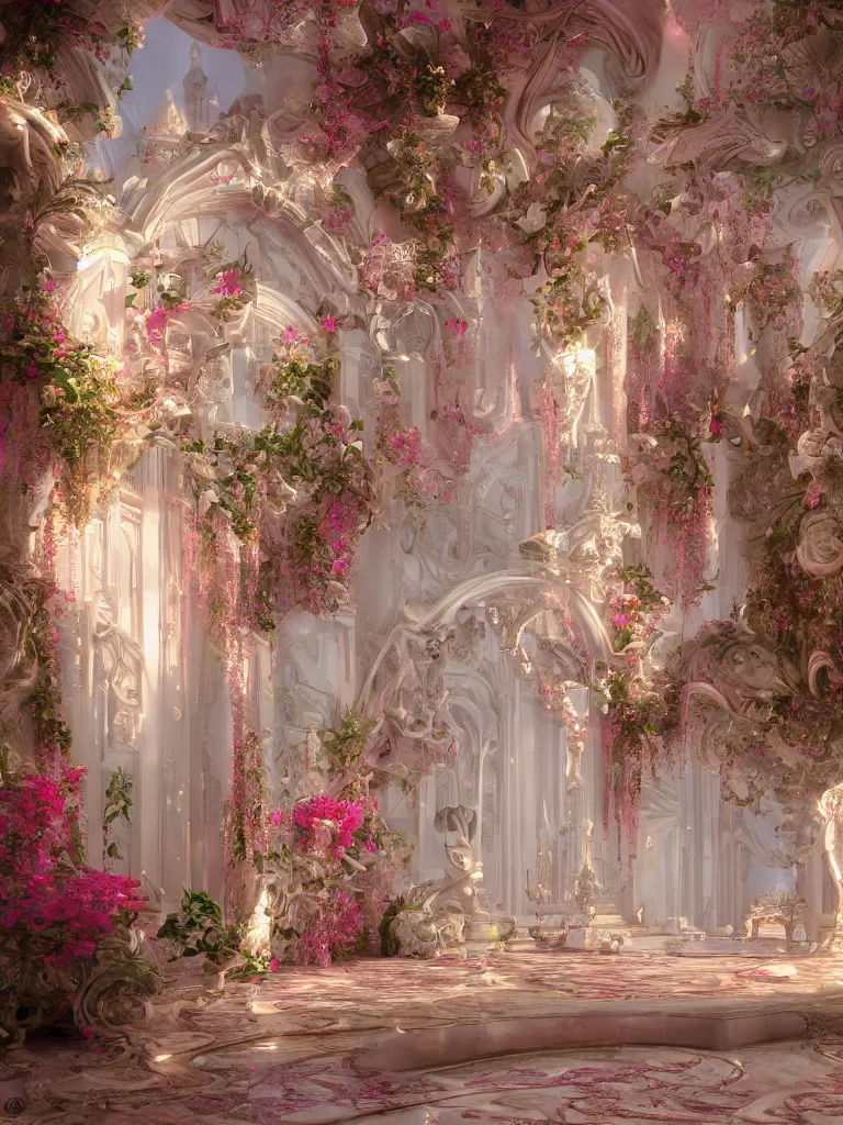 Prompt: magic palace, rose, white, luminous water, magic, realism, redshift rendering, 3 d, super detail, lifelike, 8 k, masterpiece, functional, art station, extreme long shot