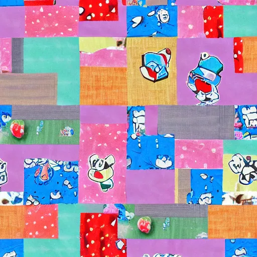 Prompt: a quilt with kirby and moomin as the pattern, realistic, product image