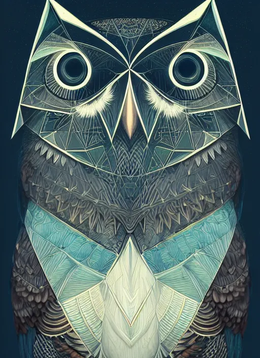 Image similar to portrait of a geometric owl, identical eyes, medium shot, illustration, full body made of white feathers, symmetrical, art stand, super detailed, cinematic lighting, and its detailed and intricate, gorgeous, by peter mohrbacher