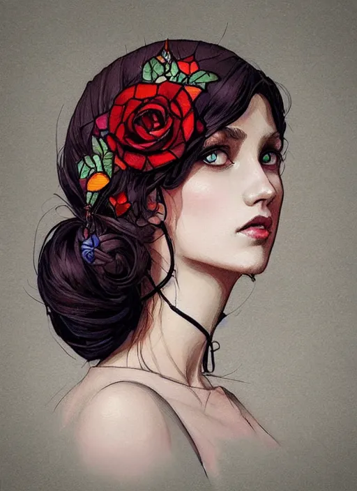 Prompt: beautiful [ young ] woman wearing a dress made from stained glass in the design of a rose. painting by artgerm and greg rutkowski and ilya kuvshinov