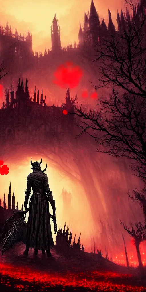 Image similar to populated bloodborne old valley with a obscure person at the centre and a ruined gothic city in the background, trees and stars in the background, falling red petals, epic red - orange moonlight, perfect lightning, wallpaper illustration by niko delort and kentaro miura, 4 k, ultra realistic