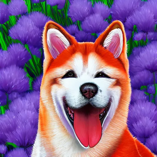 Prompt: a red akita inu wearing a kimono, in a field of flowers, highly detailed 4k digital painting