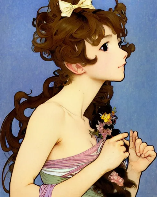 Prompt: A cute painting of a very very beautiful anime skinny squirrel-girl with curly brown colored hair and squirrel ears on top of her head wearing a cute black dress with small ribbon and black shoes looking at the viewer, elegant, delicate, soft lines, higly detailed, smooth , pixiv art, ArtStation, artgem, art by alphonse mucha Gil Elvgren and Greg rutkowski, high quality, digital illustration, concept art, very long shot