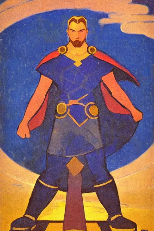 Image similar to thor, marvel, artwork by nicholas roerich,