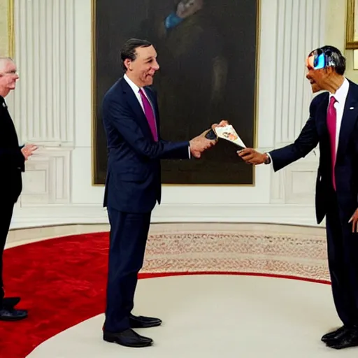 Image similar to Mario Draghi gives a medal to Barack Obama