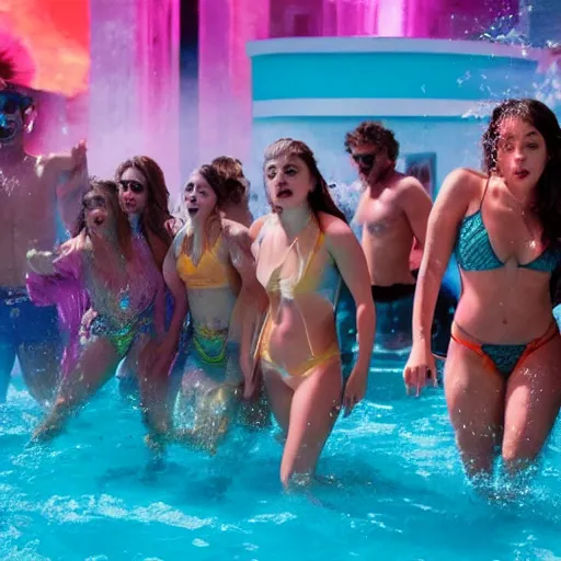 Image similar to movie still from euphoria, epic pool party, 4 k