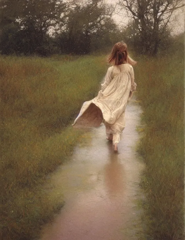 Prompt: peasant girl with long hair running under the rain, cottage core, cinematic focus, polaroid photo bleached vintage pastel colors high - key lighting, soft lights, foggy, by steve hanks, by lisa yuskavage, by serov valentin, by tarkovsky, oil on canvas