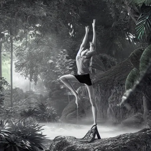 Image similar to rpg character concept art, two people doing acroyoga in a jungle, in the style of jamie hewlett hiroya oku riyoko ikeda, 3 d render, artstation trending, 8 k, octane render, photorealistic, sharp detail, manga, black and white