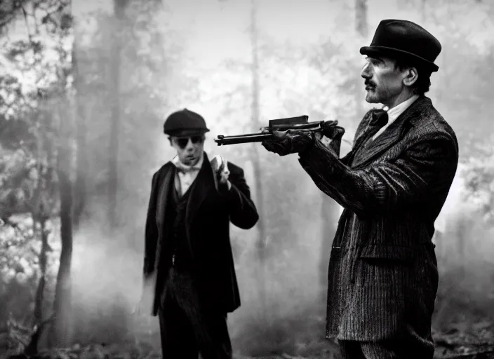 Image similar to an dramatic scene from the movie scarface, medium long shot, costumes from peaky blinders, filmed in the dark woods, a cabin in the background, al pacino and daniel day - lewis, sharp eyes, serious expressions, detailed and symmetric faces, black and white, cinematic, epic,