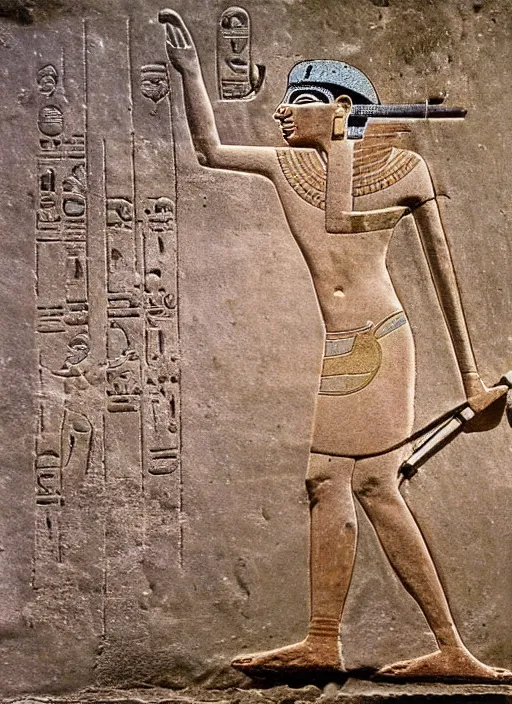 Prompt: ancient egyptian relief of a man shooting a bolt action rifle