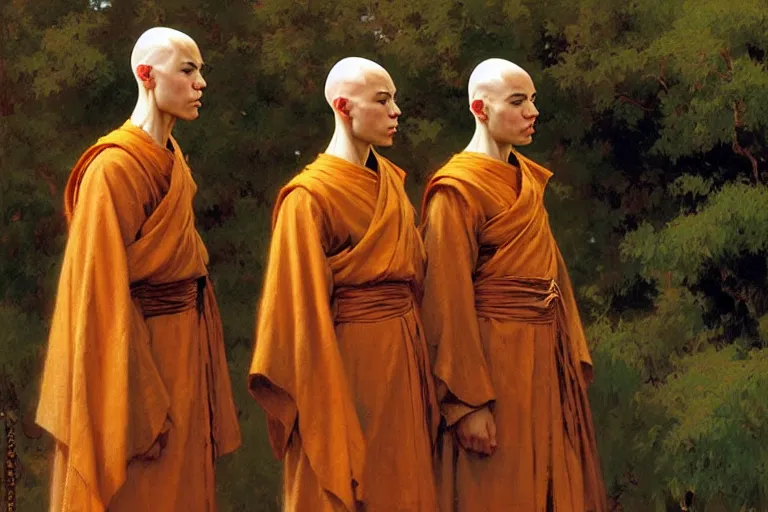 Image similar to bald monks from the last airbender, painting by gaston bussiere, craig mullins, j. c. leyendecker