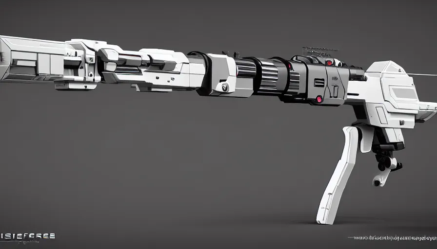 Prompt: extremely detailed realistic side view of a sci fi laser gatling gun, detailed trigger, chemically propelled, pattery powered, smooth streamline, battery and wires, railgun, tribarrel, gauss, elegant sleek smooth body, white paint, smooth utopian design, ultra high quality, minimalist, octane, cod, destiny, warframe, terminator