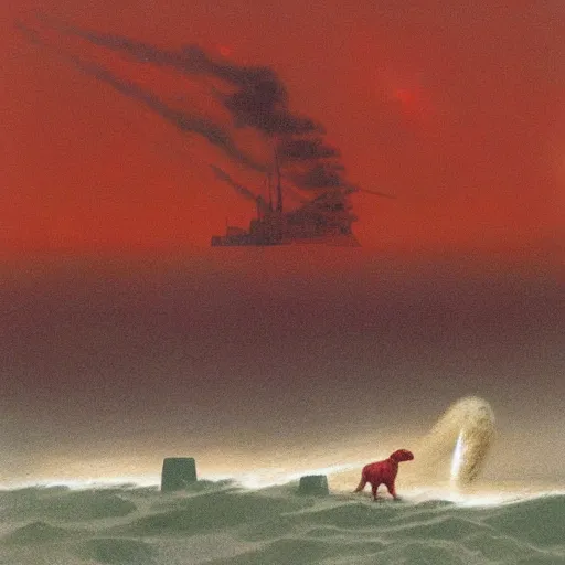 Image similar to clifford the big red dog storming the beaches of normandy in world war two, historical photograph painted by zdzisław beksinski