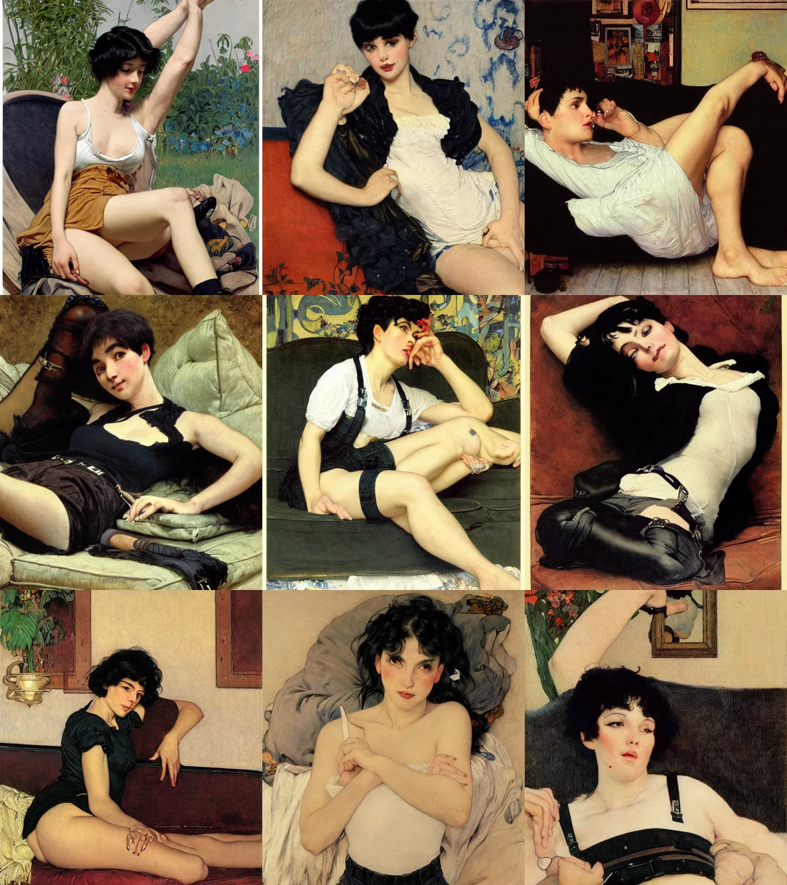 Prompt: a woman with black hair and long pixie haircut in shorts lying on couch with suspenders and white t-shirt drawn by Alexandre Cabanel, norman rockwell, frank frazetta, alphonso azpiri, maler collier, peter paul rubens, alphonse mucha, gustav klimt 4k, unreal 5, DAZ, french noveau, trending on artstation, octane render, hyperrealistic