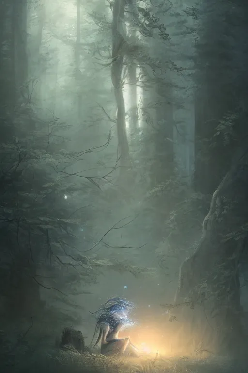 Prompt: a close up of the ghost lady with a wood spirit in the trees with will o the wisp, photorealistic, by jessica rossier, wlop, 4 k resolution