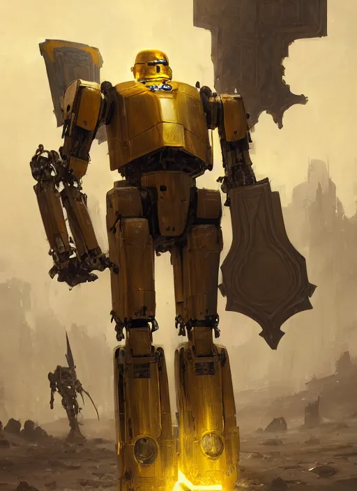 Image similar to human-sized strong intricate yellow pit droid carrying beautiful paladin greatsword and beautiful large paladin shield, pancake short large head, exposed metal bones, painterly humanoid mecha, by Greg Rutkowski