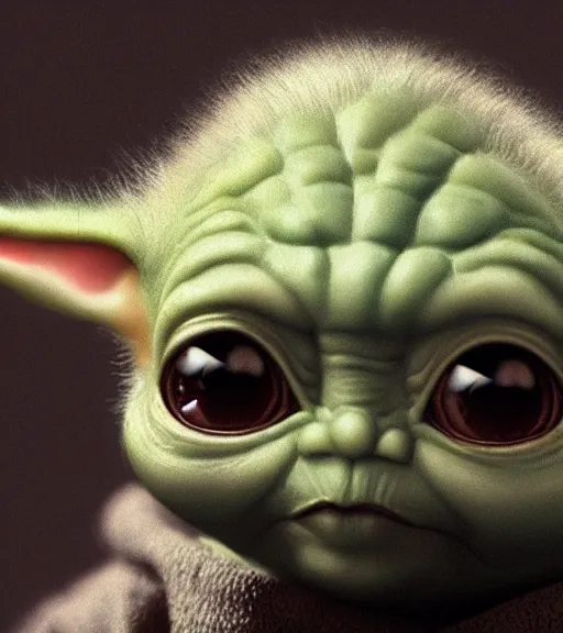 Prompt: a closeup portrait of Baby Yoda by Craig Mullins; extraordinarily-ugly; realistic-lighting; anatomically-correct; 90mm; f/1.4