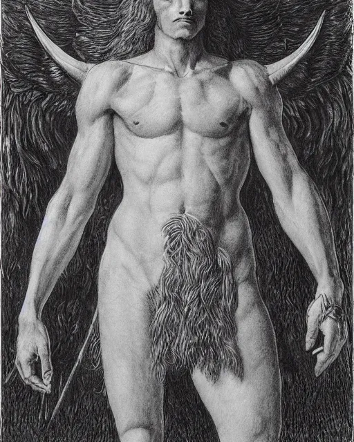 Image similar to a creature with the body and eyes of a man, with the beak of an eagle, the mane of a lion, and the horns of an ox. drawn by jean delville