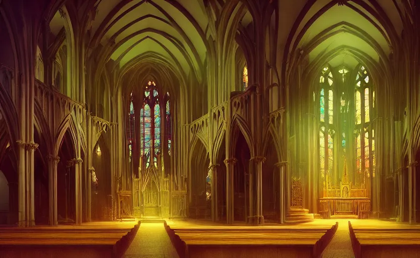 Prompt: Interior shot of a Gothic church by Petros Afshar and Beeple, James Gilleard, Mark Ryden, Wolfgang Lettl highly detailed