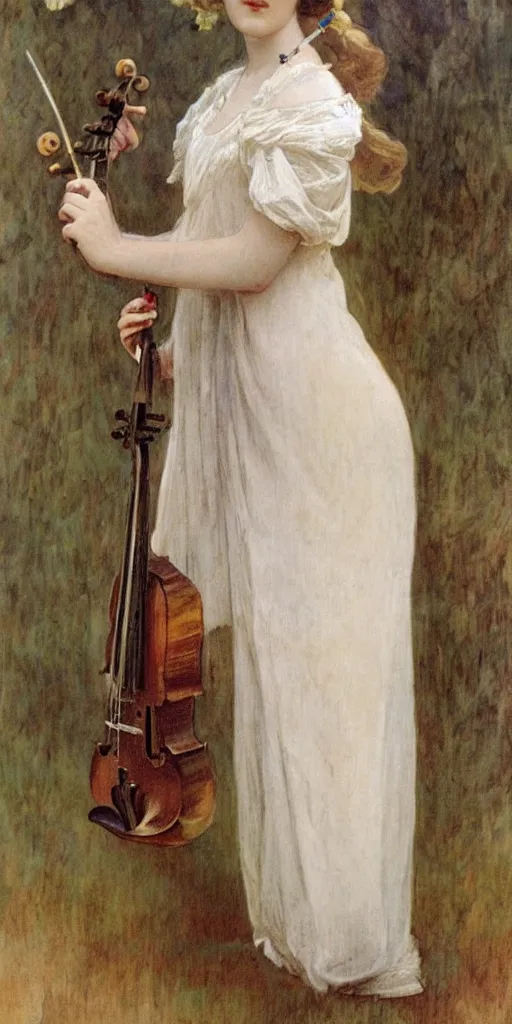 Image similar to A young edwardian woman wearing a white dress, holding a violin in her hands, in the style of mucha