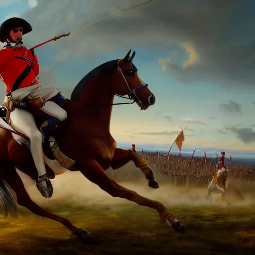 Prompt: gopro footage of napoleon on his horse fighting in waterloo, trending artstation, hyper realistic, very detailed, dramatic scene, realistic lighting, anime, 4 k