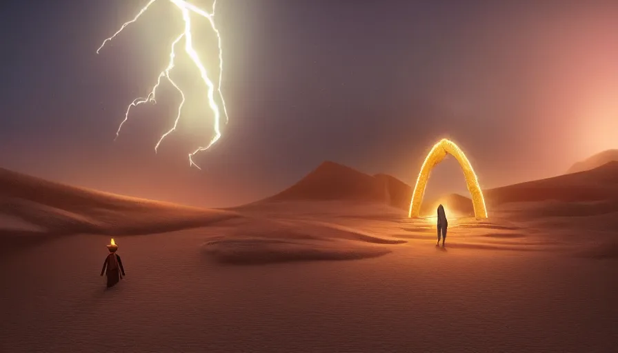 Prompt: a glowing magical portal inside a sand tsunami fantasy time in the desert to another dimension, focus gate, portal, a man watching over, lightning, by caspar david friedrich by james gilleard and justin gerard, artstation, smooth, sharp focus, by jean baptiste, octane render