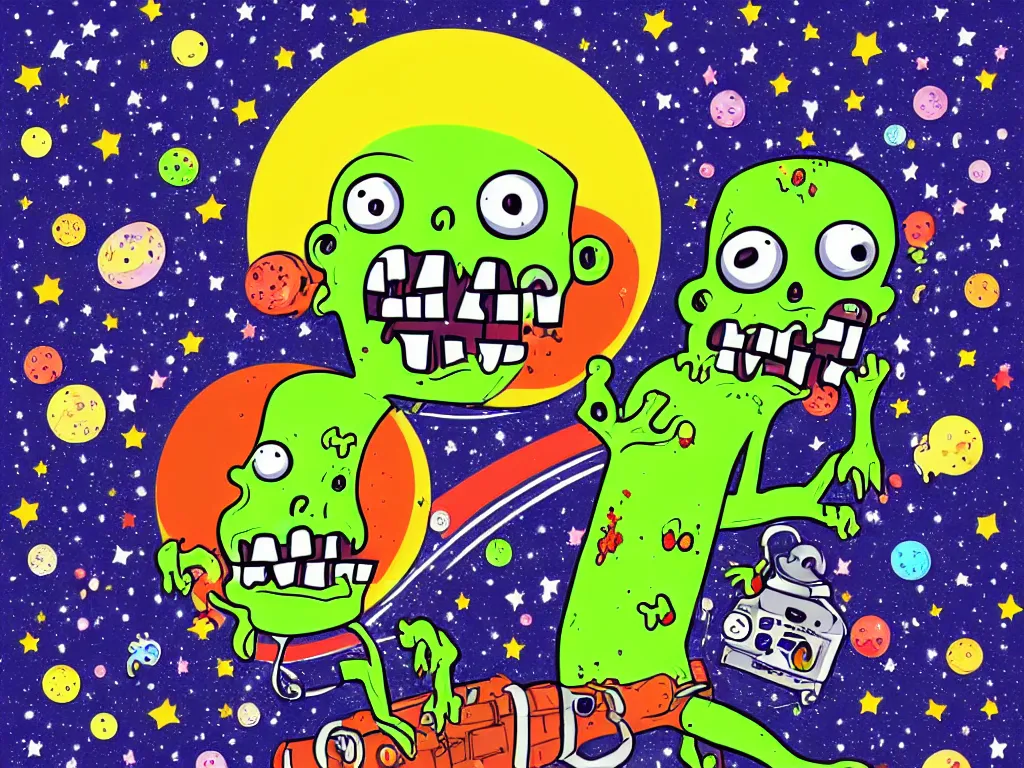 Image similar to happy zombie floating in space, cartoon illustration, detailed