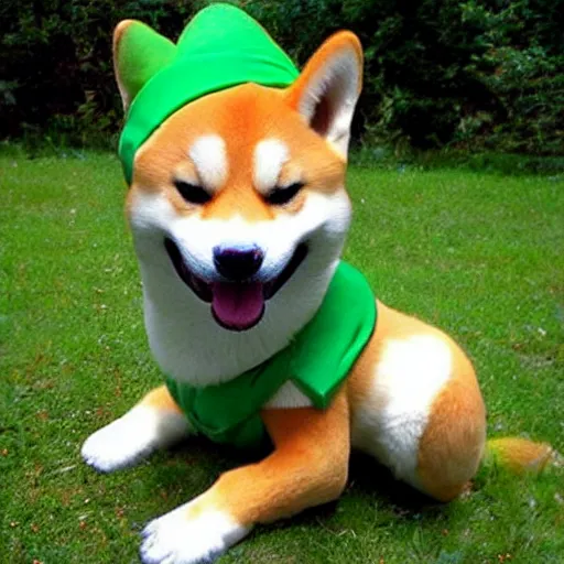 Prompt: Shiba Inu dressed as Link from the Legend of Zelda, realistic photograph