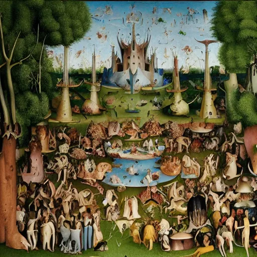 Image similar to a photorealistic version by martin parr of a bosch garden of earthly delights