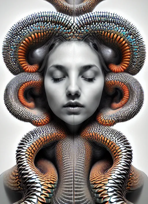 Prompt: ridiculously beautiful young womans face, radiating fractals of 3 d snake skin, blooming, portals into dimensions, coral, birds, symmetrical, in the style of ernst haeckel, effervescent, sacred geometry, surrealism, photo realistic, epic and cinematic, 3 d, clear, sharp,
